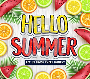 Fruity Hello Summer Poster with Palm Tree Leaves, Watermelon