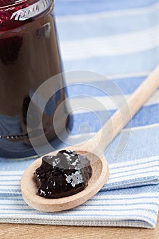 Fruity jam in glass jar