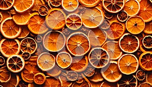 fruity orange background of dried sliced oranges