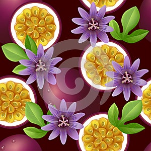 Fruity seamless pattern with passion fruit and flo