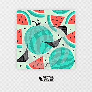 Fruity seamless pattern textured watermelon pieces with yellow background, vector illustration