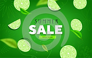 Fruity Summer Sale Colorful Banners with lime, lemon tropical Fruits abstract background layout banners. illustration