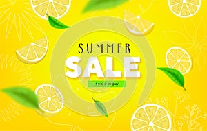 Fruity Summer Sale Colorful Banners with lime, lemon tropical Fruits abstract background layout banners. illustration