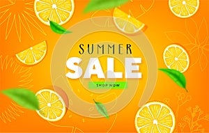 Fruity Summer Sale Colorful Banners with orange tropical Fruits abstract background layout banners. illustration