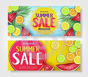 Fruity Summer Sale Colorful Banners with Watermelon, Orange, Lime and Lemon Tropical Fruits