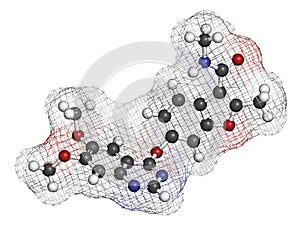 Fruquintinib cancer drug molecule. 3D rendering. Atoms are represented as spheres with conventional color coding: hydrogen (white