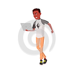 frustrated african man anger on broken laptop cartoon vector