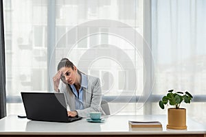 Frustrated annoyed woman confused by computer problem, annoyed businesswoman feels indignant about laptop crash, bad news online