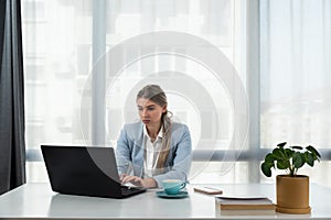 Frustrated annoyed woman confused by computer problem, annoyed businesswoman feels indignant about laptop crash, bad news online