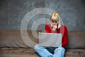 Frustrated annoyed woman confused by computer problem, annoyed businesswoman feels indignant about laptop crash, bad news online