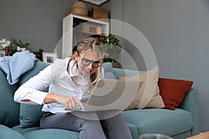 Frustrated annoyed woman confused by computer problem, annoyed businesswoman feels indignant about laptop crash, bad news online