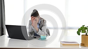 Frustrated annoyed woman confused by computer problem, annoyed businesswoman feels indignant about laptop crash, bad news online o