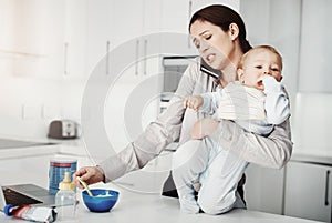 Frustrated, baby and mother busy multitasking in home with phone, food and work or childcare, stress and pressure. Mom