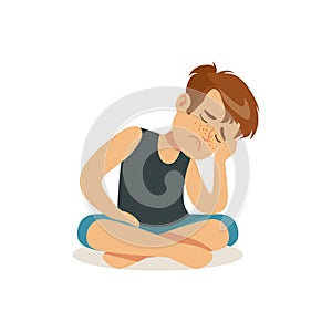 Frustrated boy sitting on the floor in lotus position character vector Illustration