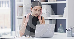 Frustrated business woman, laptop and headache in stress, anxiety or burnout for mistake at office. Female person or