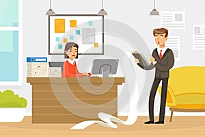 Frustrated Businessman Analysing Financial Report in Office, Business Failure, Economic Risk, Bankruptcy Concept Vector