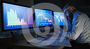 Frustrated businessman with computer sitting at desk, working late. Financial crisis concept.