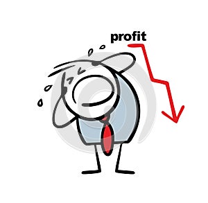 Frustrated businessman sobbing loudly, tears flowing. Vector illustration of loser man in business suit and red arrow