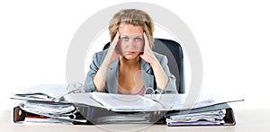 Frustrated businesswoman with folders