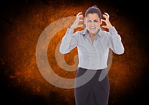 Frustrated caucasian businesswoman against copy space on grunge background