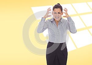 Frustrated caucasian businesswoman against copy space on yellow background