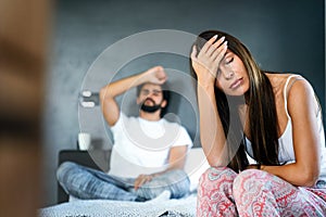 Frustrated couple arguing and having marriage problems