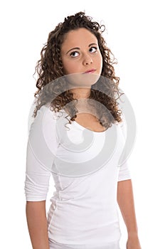 Frustrated and disappointed young woman isolated in white shirt.
