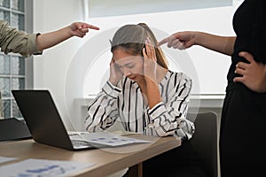 Frustrated employee intern unfair reprimand rebuke, suffers from bad attitude at work. Emotional pressure and stress at