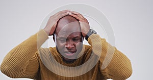 Frustrated, face and black man with stress in a crisis with angry, anxiety and financial problem. Mental health