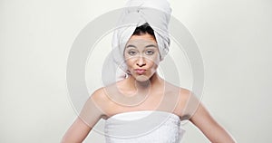 Frustrated Fresh Woman Wrapped in a Towel