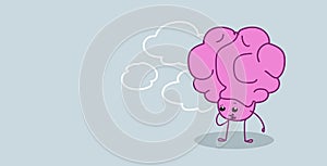 Frustrated human brain organ holding hand on chin thinking pondering new idea kawaii style pink cartoon character