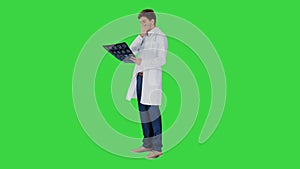 Frustrated male doctor examining computed tomography scan of brain on a Green Screen, Chroma Key.