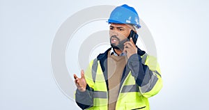 Frustrated man, architect and phone call for construction or discussion against a studio white background. Serious male