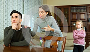 Frustrated man with irritated wife rebuking him
