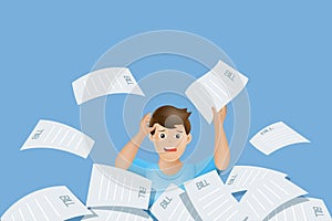 Frustrated man with pile of financial bills. Financial problem, debt, cost of living and bankruptcy. Vector Illustration