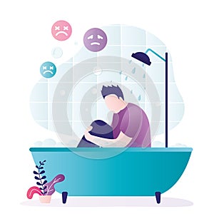 Frustrated man sitting in bath. Guy experiences different negative emotions. Depressed male character sitting under shower