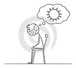 Frustrated Man Sitting Locked at Home During Coronavirus Covid-19 Quarantine , Vector Cartoon Stick Figure Illustration