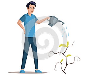 Frustrated man watering drying bush, takes care, tries to save plant. Growing idea concept