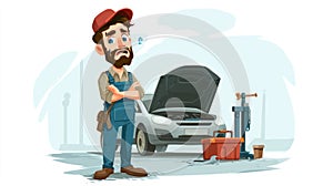 Frustrated Mechanic with Broken Car Engine in Workshop