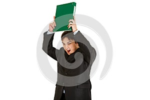 Frustrated modern businessman brandishing folder