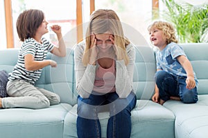 Frustrated mother with children