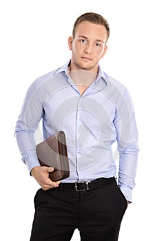Frustrated and overworked isolated businessman over white.