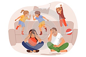 Frustrated parents feel tired and lacking energy due to hyperactive children jumping on sofa