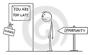 Frustrated Person Watching Opportunity Door Closed, Going too Late , Vector Cartoon Stick Figure Illustration