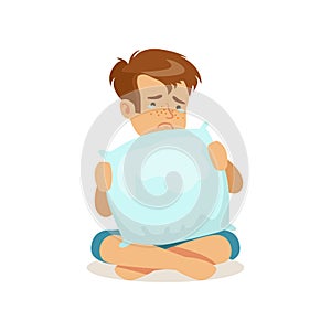 Frustrated sad boy character sitting on the floor and crying with a pillow vector Illustration