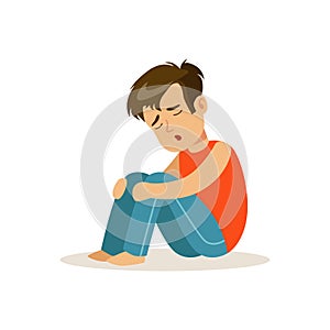 Frustrated sad boy character sitting on the floor vector Illustration
