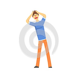 Frustrated sad man after car accident holding hands behind his head cartoon character vector Illustration