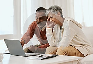 Frustrated senior couple, laptop and financial crisis in debt, mistake or discussion on expenses or bills at home