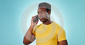 Frustrated, stress and black man in studio with phone call for student loan debt, communication problem or news. Anxiety