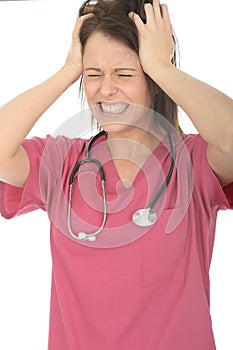 Frustrated Stressed Angry Beautiful Young Female Doctor Pulling Her Hair